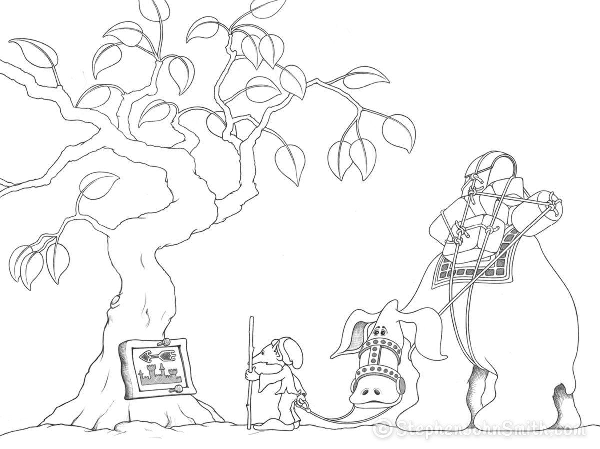 A character leading a pack animal creature pauses at a tree on which a direction map hangs. A digital drawing by Stephen John Smith.