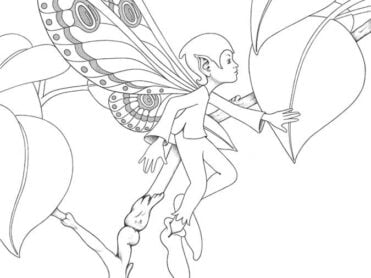 A boy fairy wearing a cap flies upwards, passing a plant with oversized leaves. A digital drawing by Stephen John Smith.