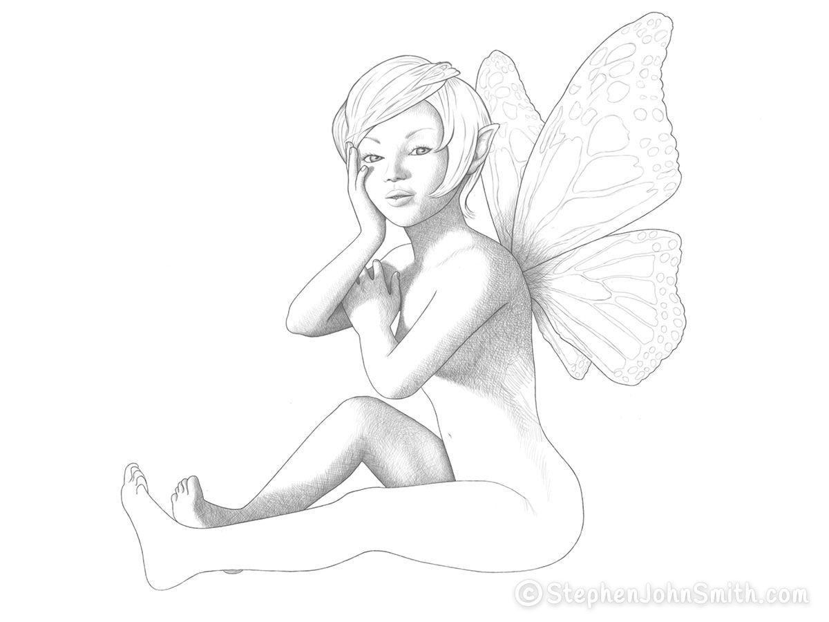 A fairy sits with legs outstretched and holds her arm and face. A digital drawing by Stephen John Smith.