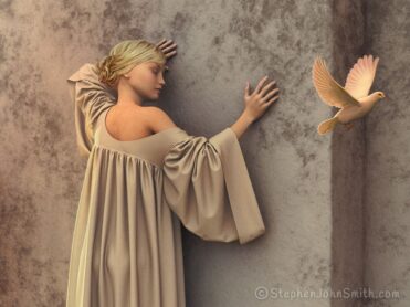 A woman draped in a flowing gown, faces and leans against a stone wall as a white dove flies by. A digital painting by Stephen John Smith.