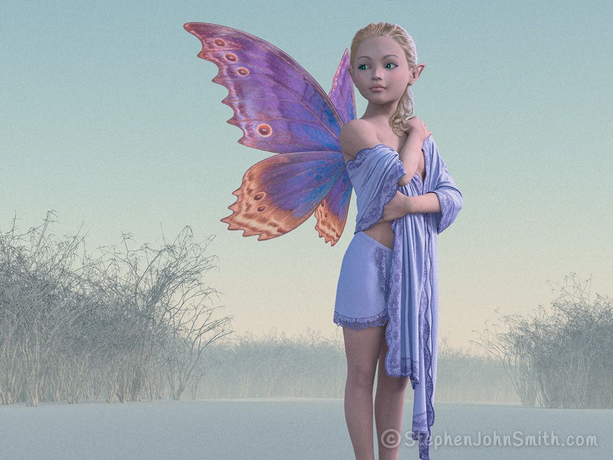 A young yet elegant fairy stands quietly, surveying the surrounding winter landscape. A digital painting by Stephen John Smith.